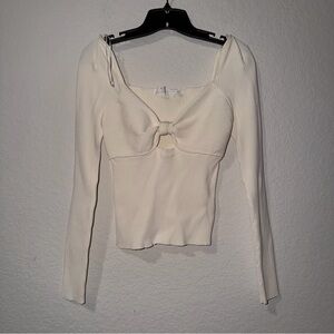 ASTR Cream Ribbed Long-Sleeve Tie-Front Cutout Top